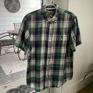 L.L.Bean Casual SS Button Down Cotton Blend Plaid Shirt Green Blue Wht Sz L